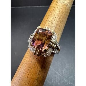 Vintage Ametrine Emerald Cut Ring Gold Over Sterling White Zircon Size 7